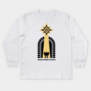 Baby Jesus in the barn, from above the light of the star of Bethlehem. Nativity of the Savior Christ. Kids Long Sleeve T-Shirt